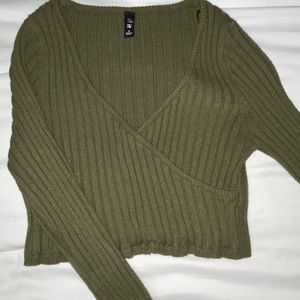 Olive Green Ribbed Long Sleeve Crop Top
